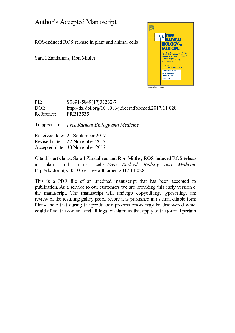 عکس صفحه اول مقاله: ROS-induced ROS release in plant and animal cells ROS-induced ROS release in plant and animal cells