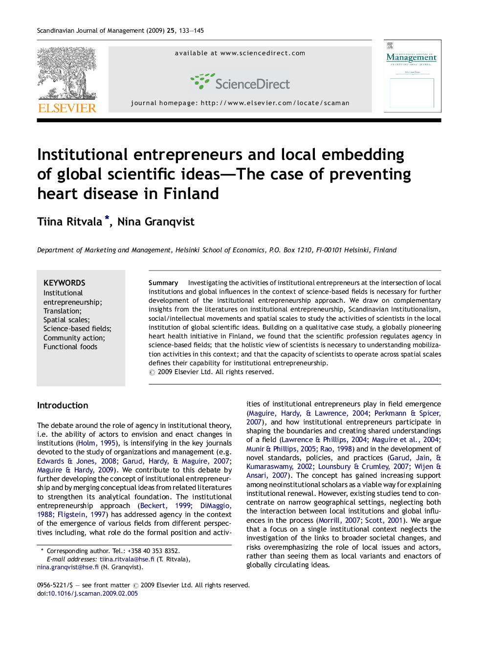 Institutional entrepreneurs and local embedding of global scientific ideas—The case of preventing heart disease in Finland