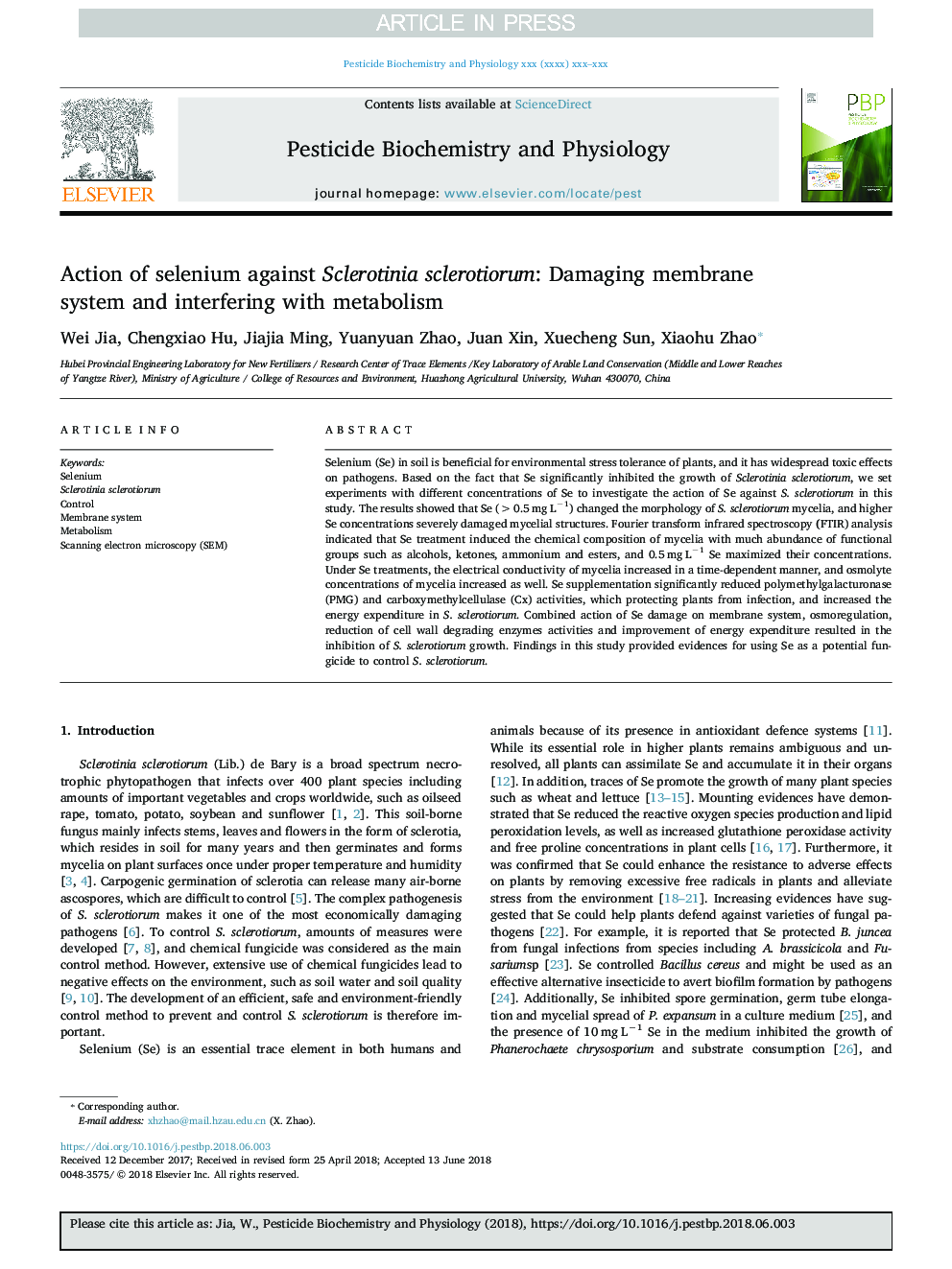 Action of selenium against Sclerotinia sclerotiorum: Damaging membrane system and interfering with metabolism