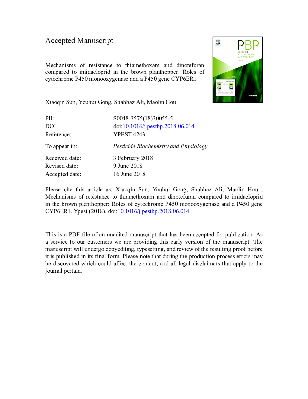 Mechanisms of resistance to thiamethoxam and dinotefuran compared to imidacloprid in the brown planthopper: Roles of cytochrome P450 monooxygenase and a P450 gene CYP6ER1