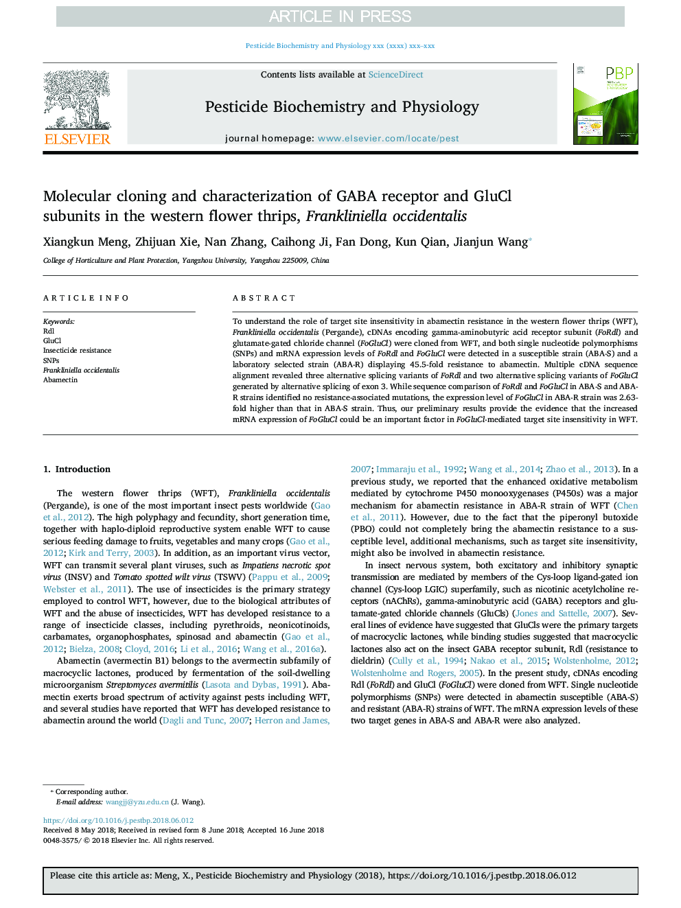 Molecular cloning and characterization of GABA receptor and GluCl subunits in the western flower thrips, Frankliniella occidentalis