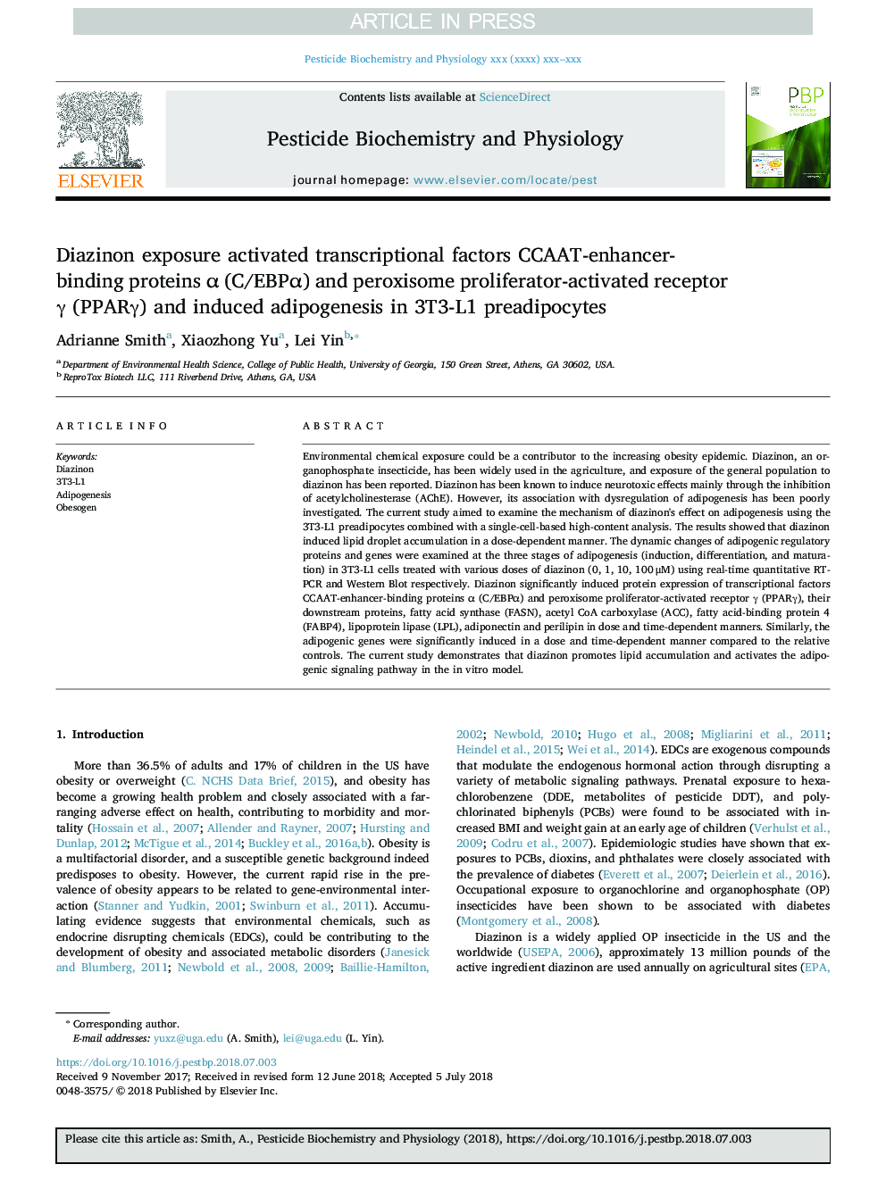 Diazinon exposure activated transcriptional factors CCAAT-enhancer-binding proteins Î± (C/EBPÎ±) and peroxisome proliferator-activated receptor Î³ (PPARÎ³) and induced adipogenesis in 3T3-L1 preadipocytes