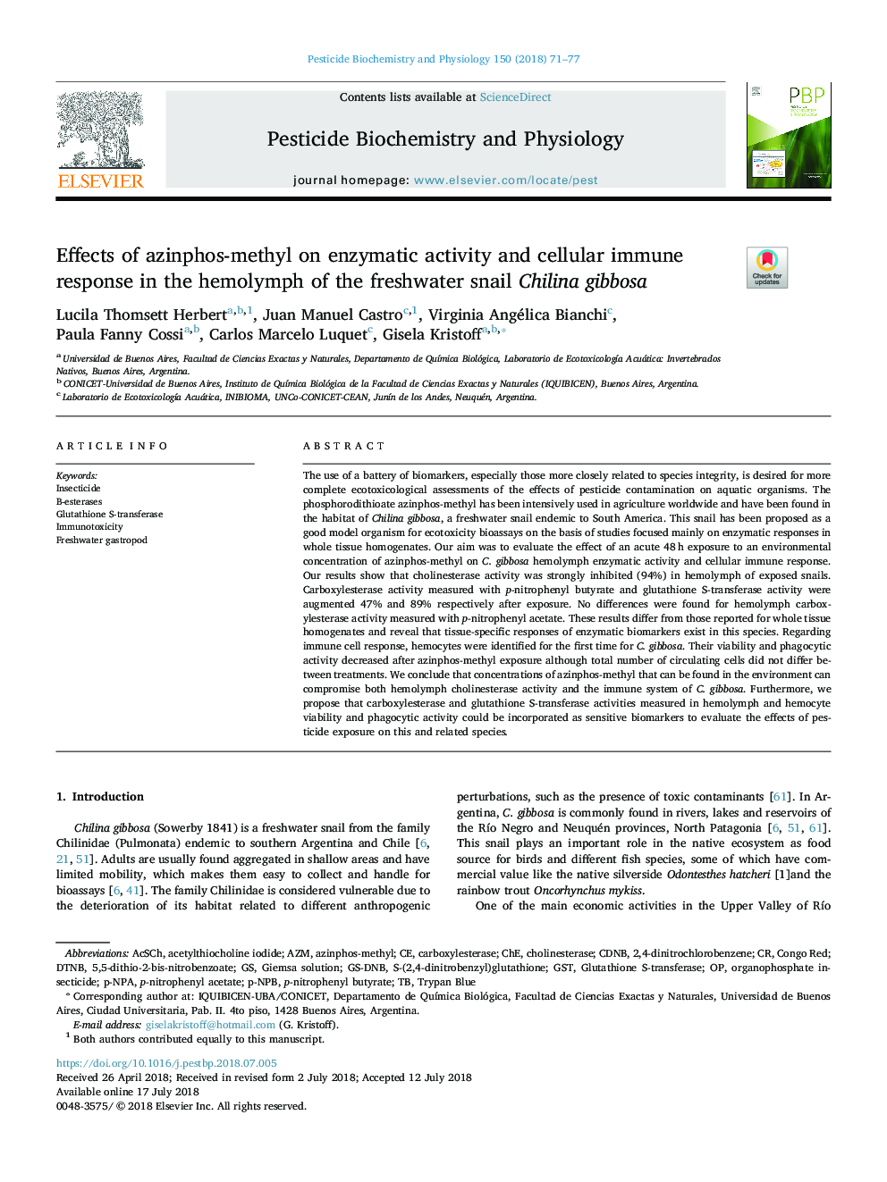 Effects of azinphos-methyl on enzymatic activity and cellular immune response in the hemolymph of the freshwater snail Chilina gibbosa