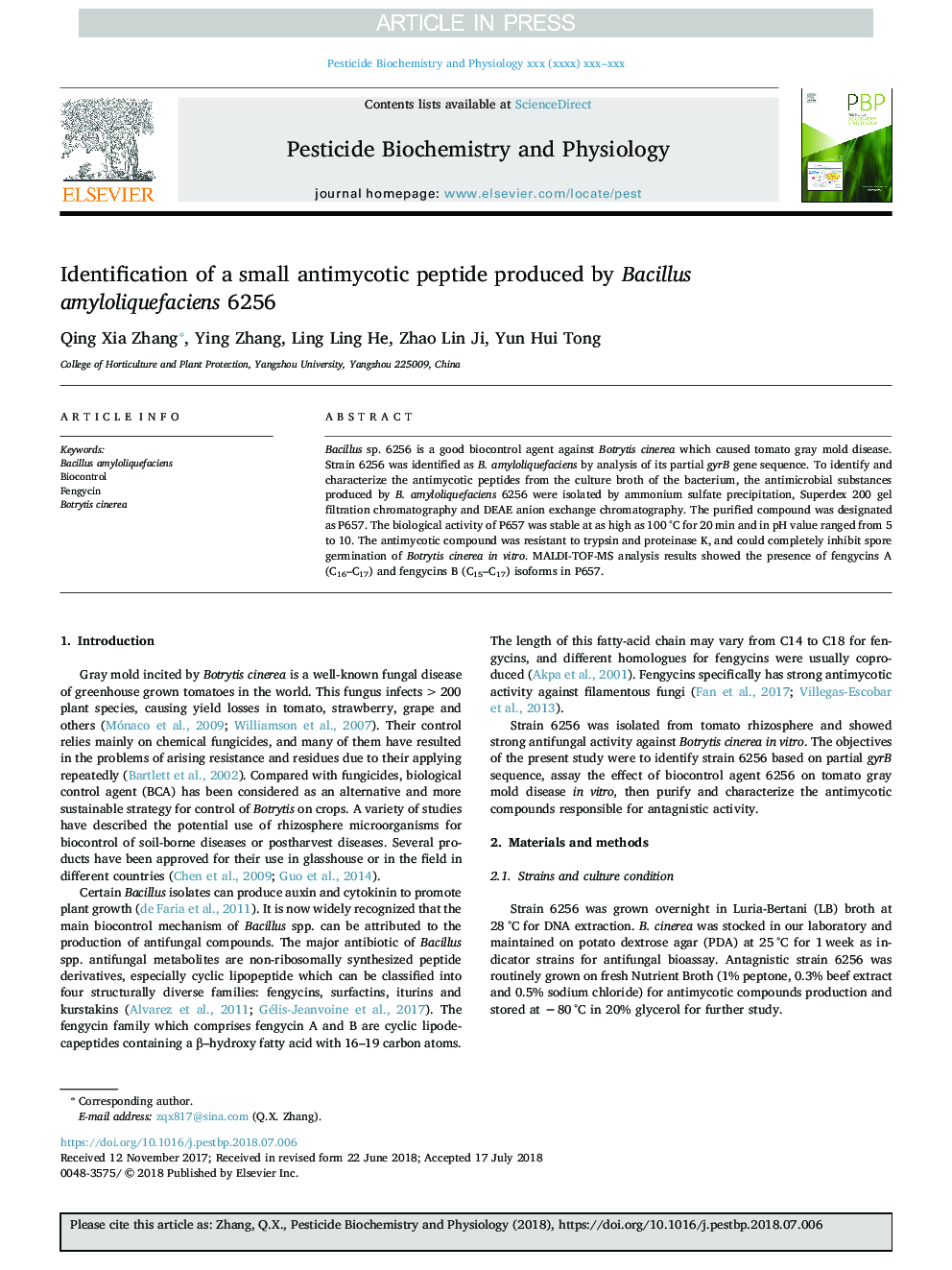 Identification of a small antimycotic peptide produced by Bacillus amyloliquefaciens 6256