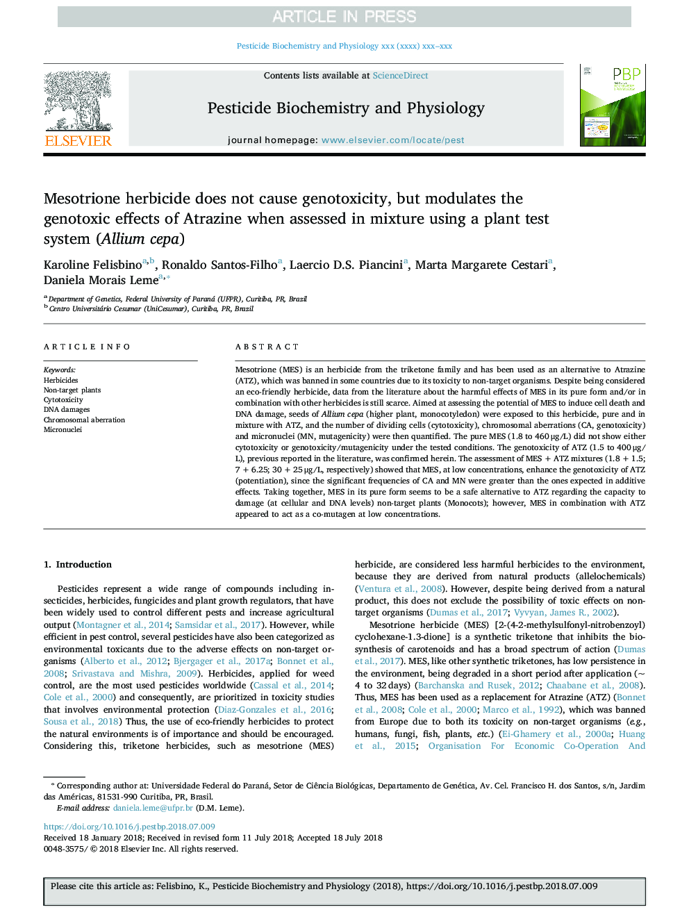 Mesotrione herbicide does not cause genotoxicity, but modulates the genotoxic effects of Atrazine when assessed in mixture using a plant test system (Allium cepa)