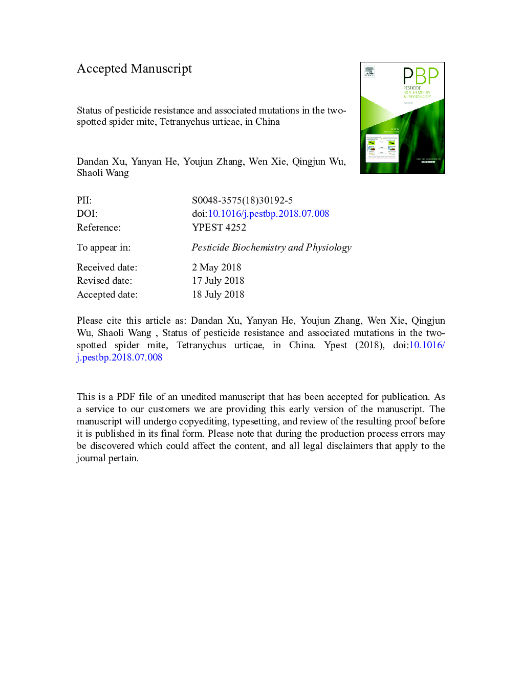 Status of pesticide resistance and associated mutations in the two-spotted spider mite, Tetranychus urticae, in China