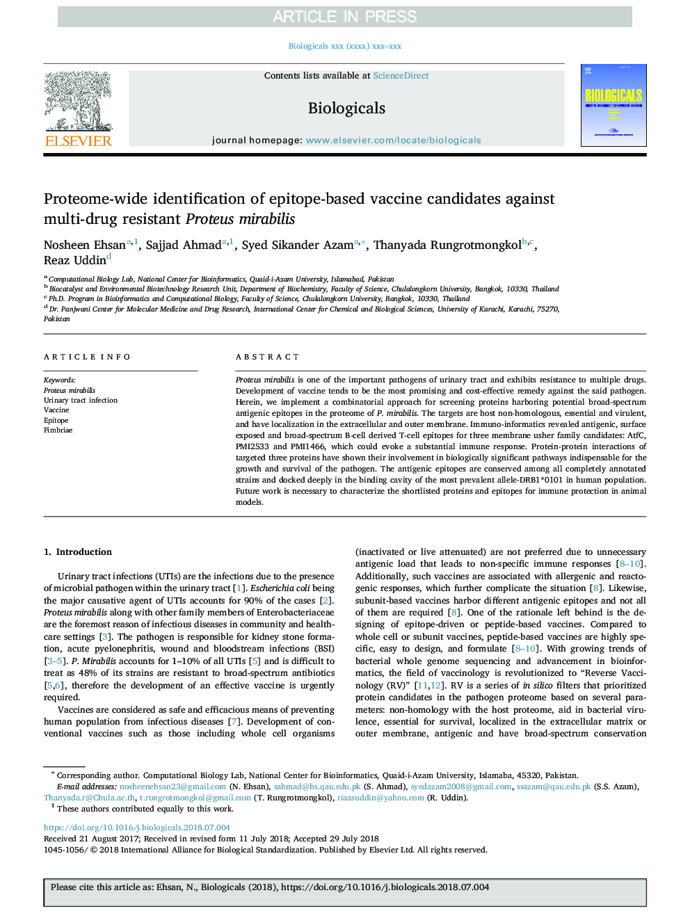 Proteome-wide identification of epitope-based vaccine candidates against multi-drug resistant Proteus mirabilis