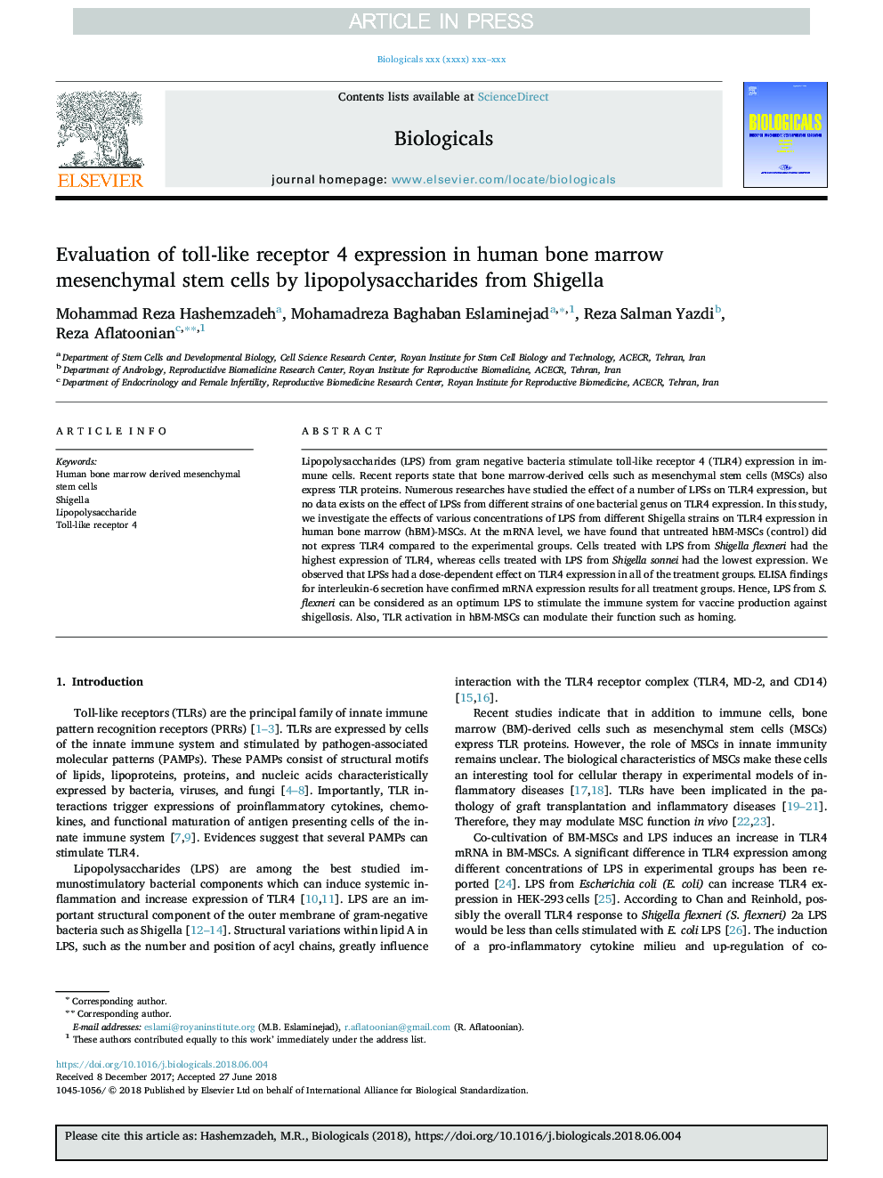 Evaluation of toll-like receptor 4 expression in human bone marrow mesenchymal stem cells by lipopolysaccharides from Shigella