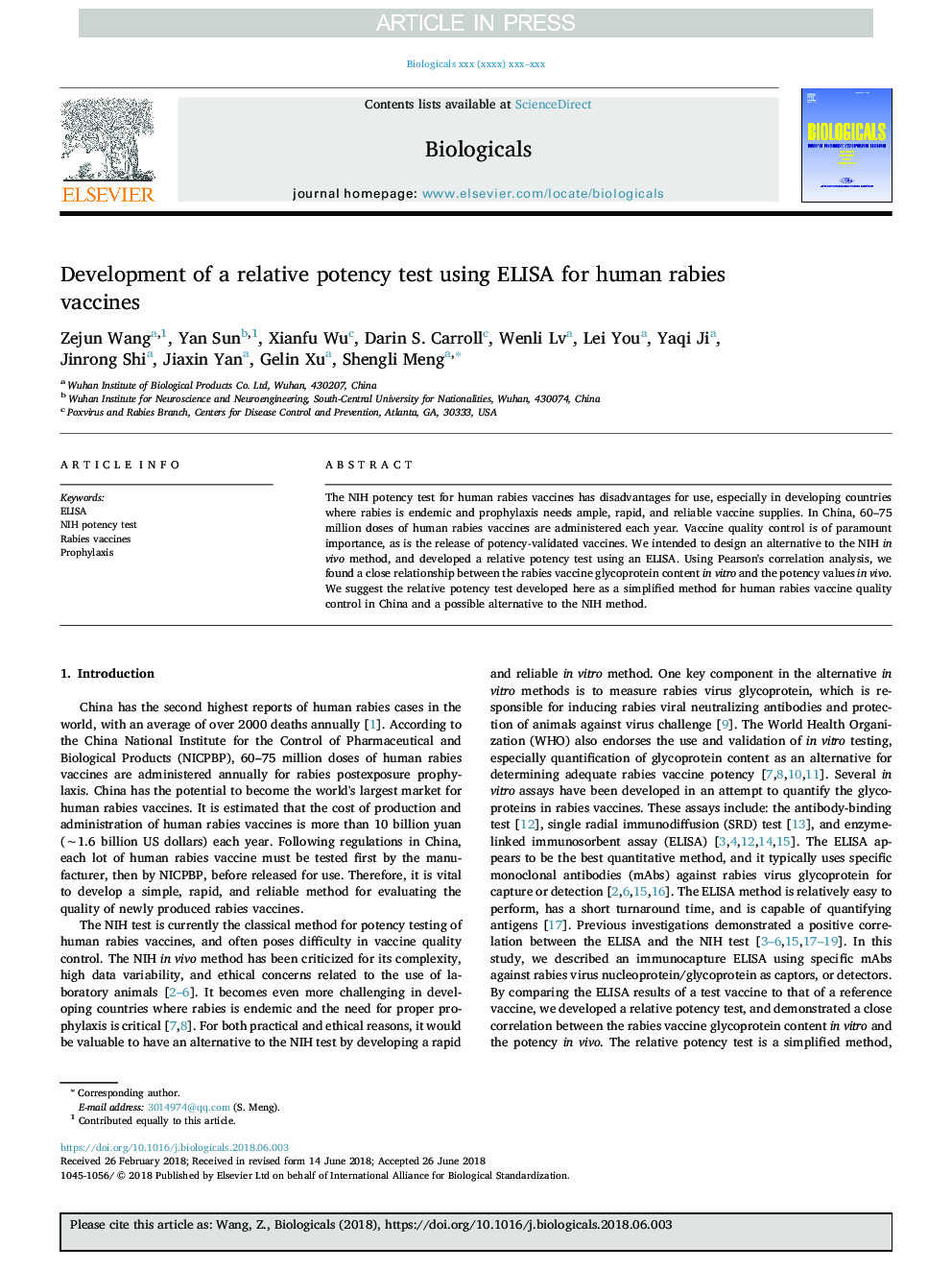 عکس صفحه اول مقاله: Development of a relative potency test using ELISA for human rabies vaccines Development of a relative potency test using ELISA for human rabies vaccines