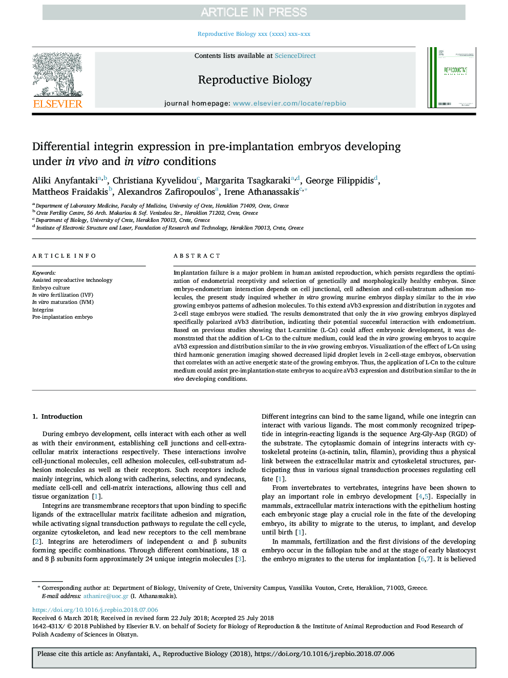 Differential integrin expression in pre-implantation embryos developing under in vivo and in vitro conditions