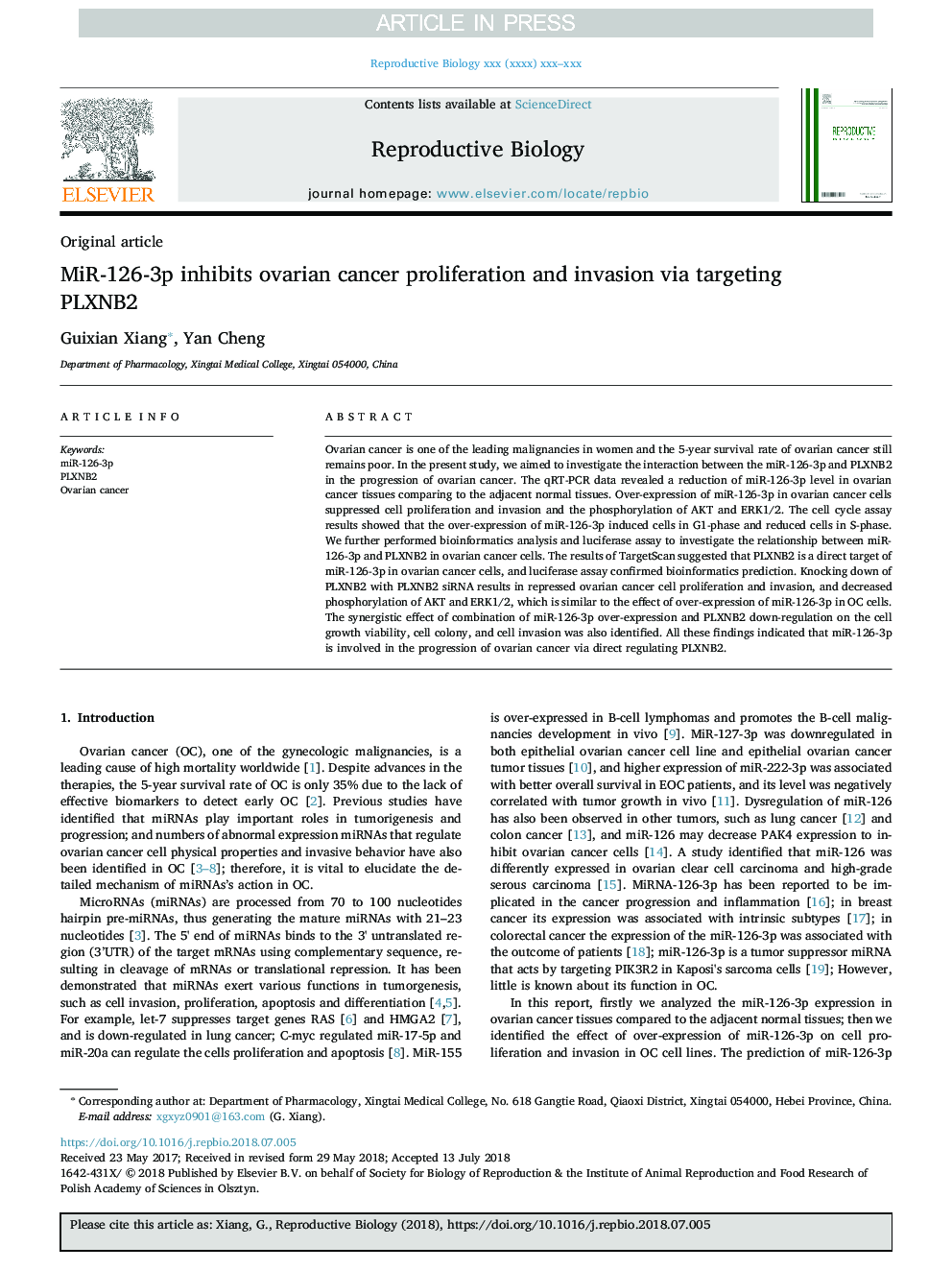 MiR-126-3p inhibits ovarian cancer proliferation and invasion via targeting PLXNB2