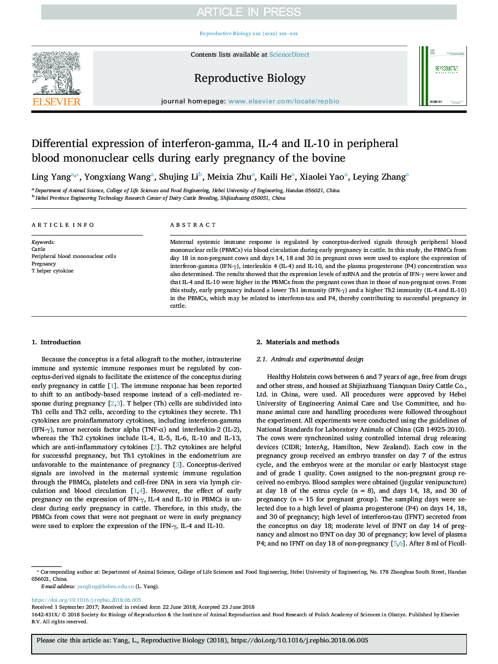 Differential expression of interferon-gamma, IL-4 and IL-10 in peripheral blood mononuclear cells during early pregnancy of the bovine