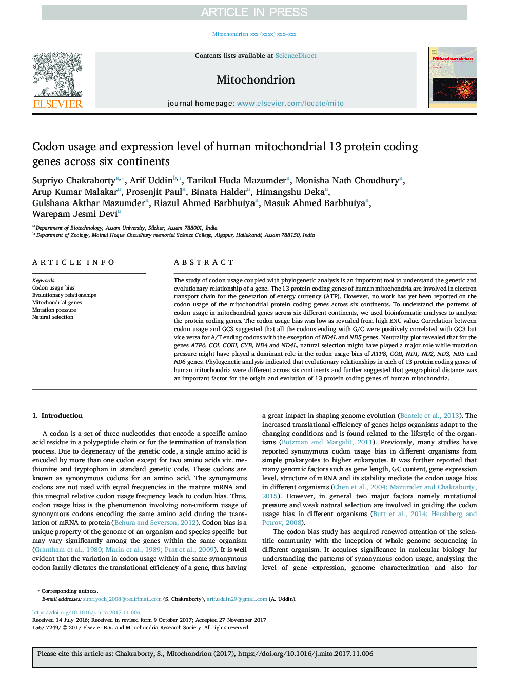 Codon usage and expression level of human mitochondrial 13 protein coding genes across six continents