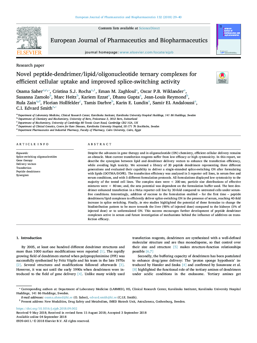 مجله پپتید-دندریمر / لیپید / الیگونونوکلئوتید نوترکیبی برای جذب موثر سلولی و بهبود فعالیت اسپلیت سازی سوئیچینگ