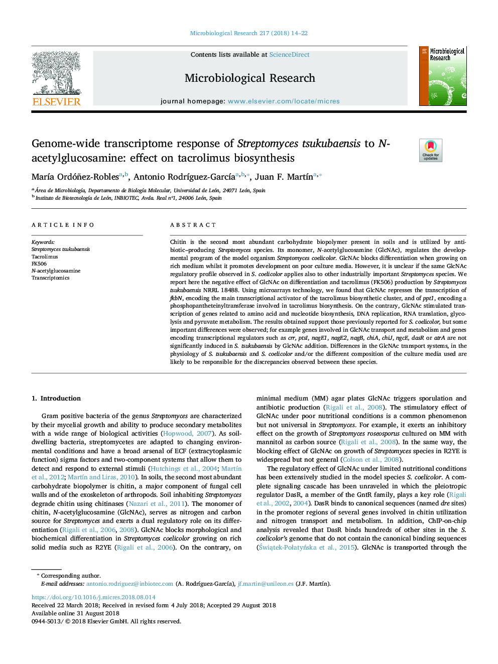 Genome-wide transcriptome response of Streptomyces tsukubaensis to N-acetylglucosamine: effect on tacrolimus biosynthesis