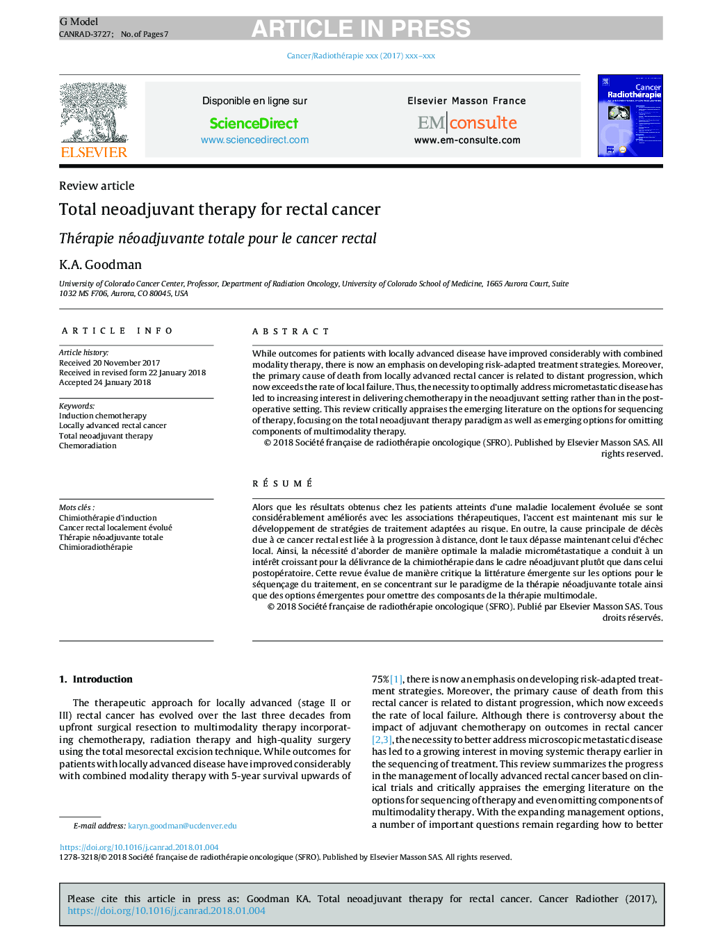 Total neoadjuvant therapy for rectal cancer