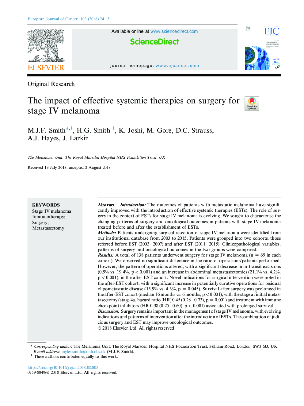 The impact of effective systemic therapies on surgery for stage IV melanoma