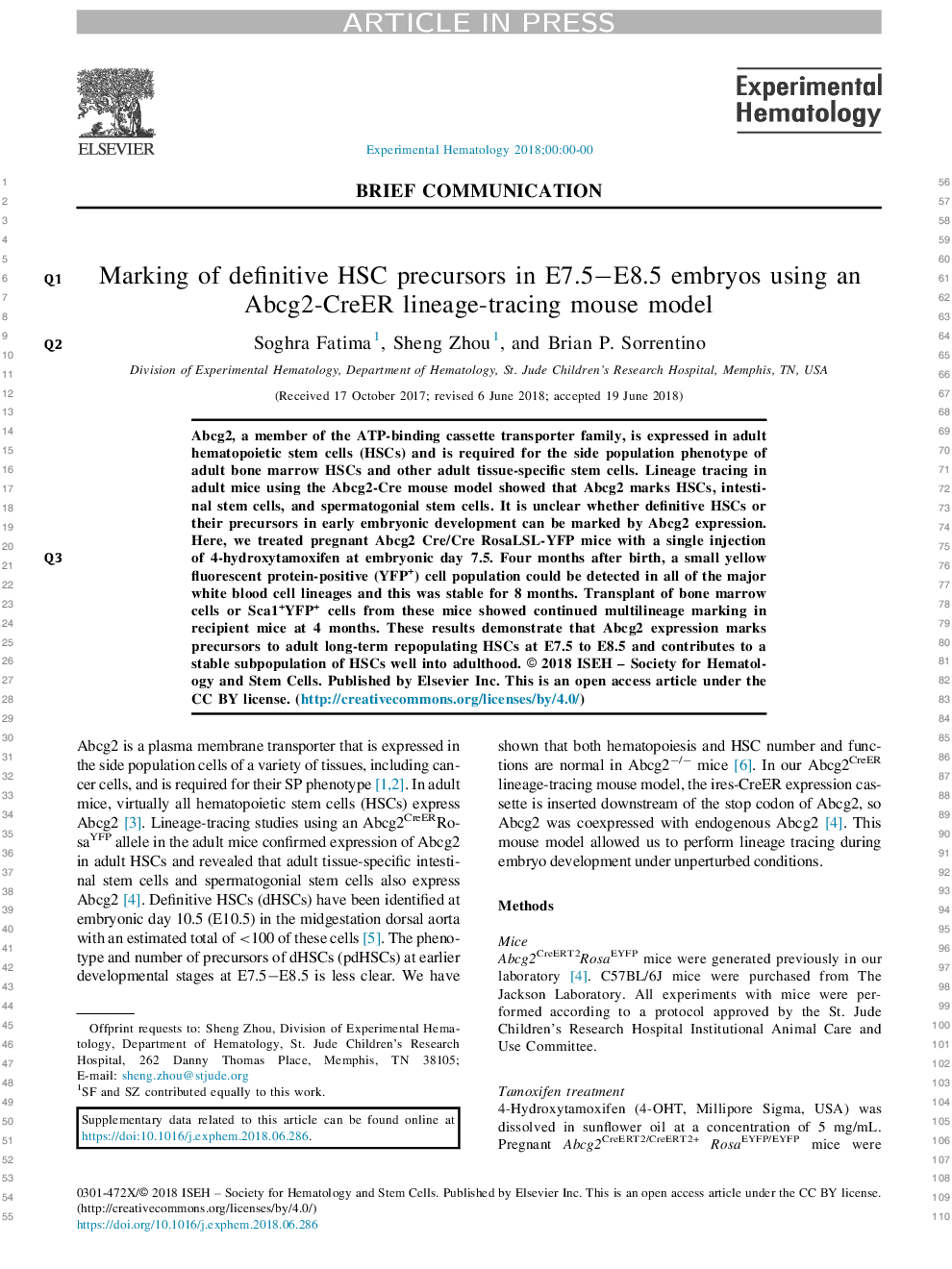 Marking of definitive HSC precursors in E7.5-E8.5 embryos using an Abcg2-CreER lineage-tracing mouse model