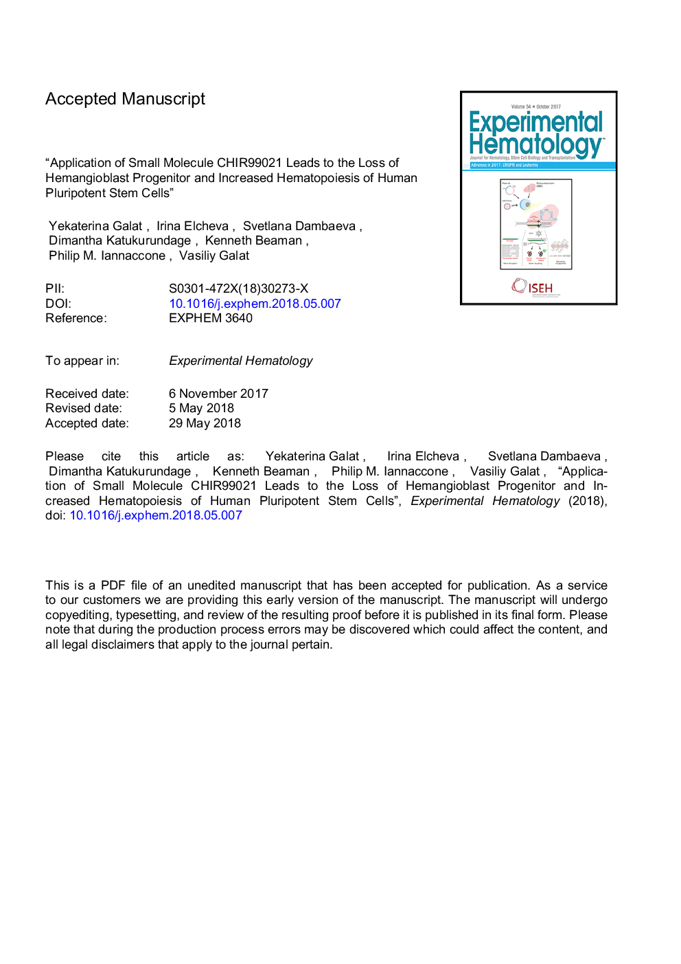 Application of small molecule CHIR99021 leads to the loss of hemangioblast progenitor and increased hematopoiesis of human pluripotent stem cells