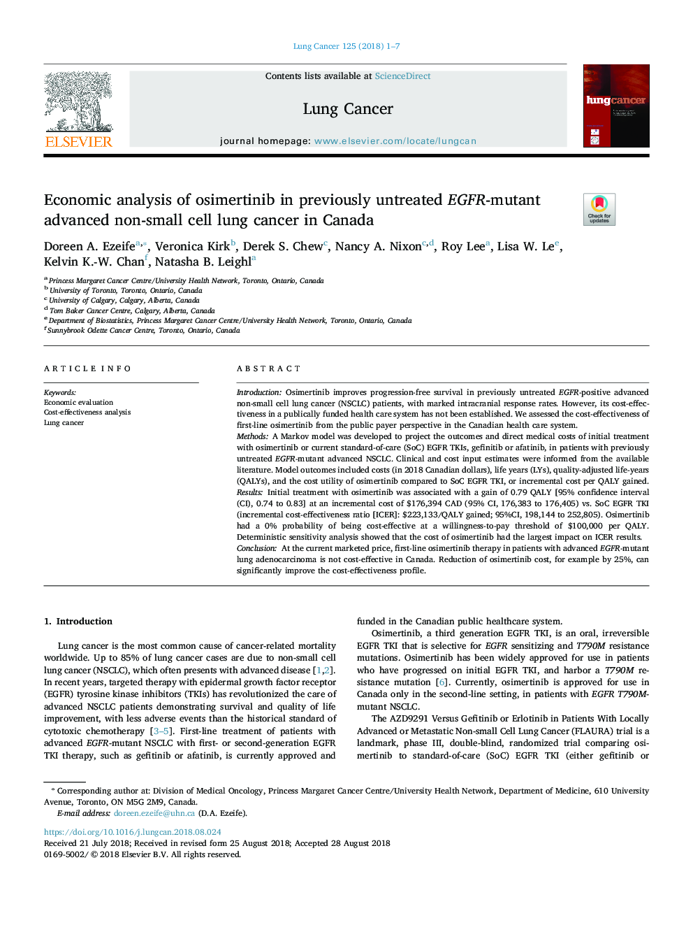 Economic analysis of osimertinib in previously untreated EGFR-mutant advanced non-small cell lung cancer in Canada