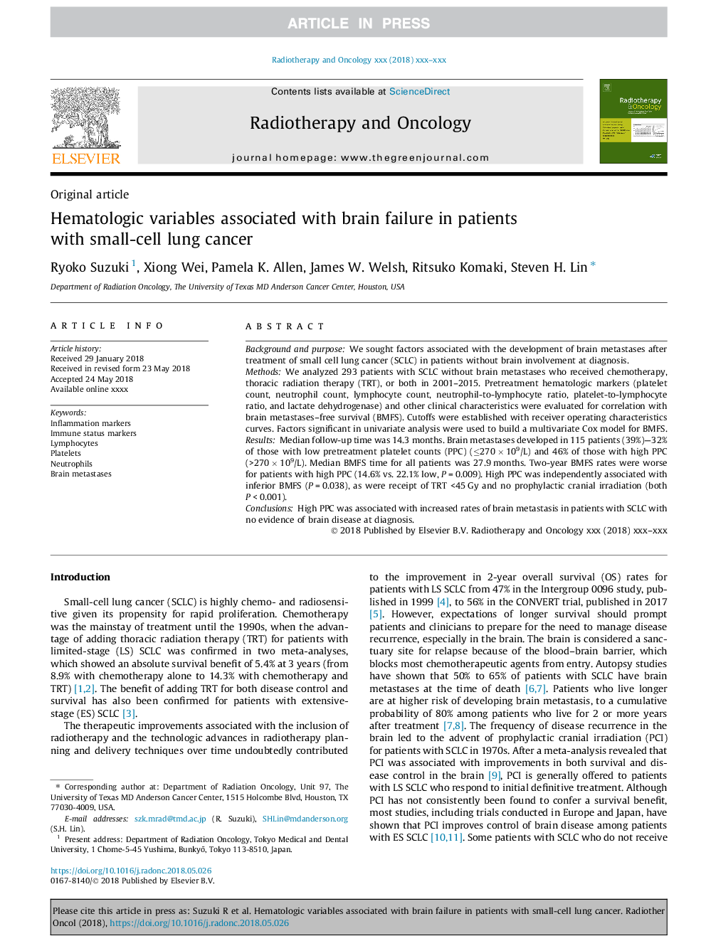 Hematologic variables associated with brain failure in patients with small-cell lung cancer