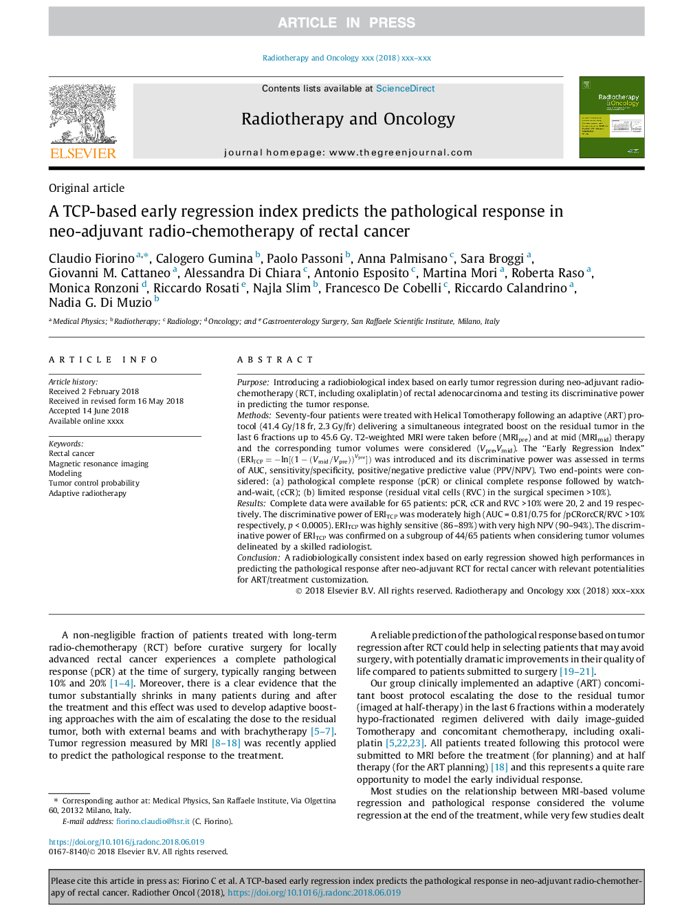 A TCP-based early regression index predicts the pathological response in neo-adjuvant radio-chemotherapy of rectal cancer