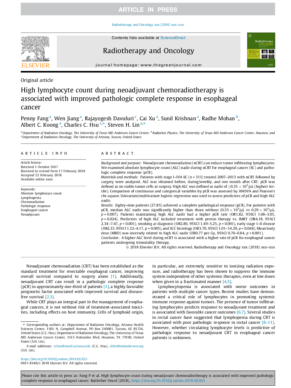 High lymphocyte count during neoadjuvant chemoradiotherapy is associated with improved pathologic complete response in esophageal cancer