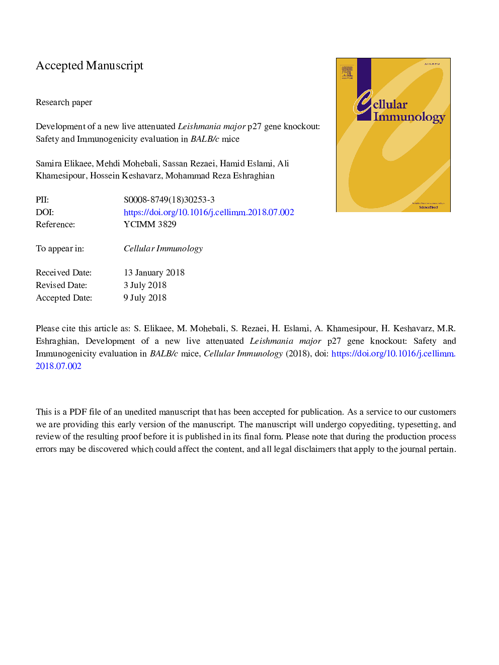 Development of a new live attenuated Leishmania major p27 gene knockout: Safety and immunogenicity evaluation in BALB/c mice