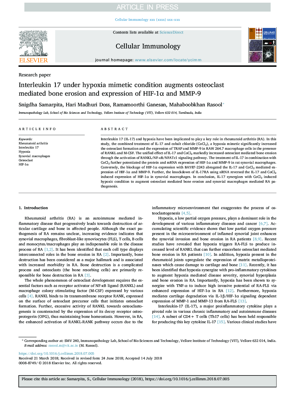 Interleukin 17 under hypoxia mimetic condition augments osteoclast mediated bone erosion and expression of HIF-1Î± and MMP-9