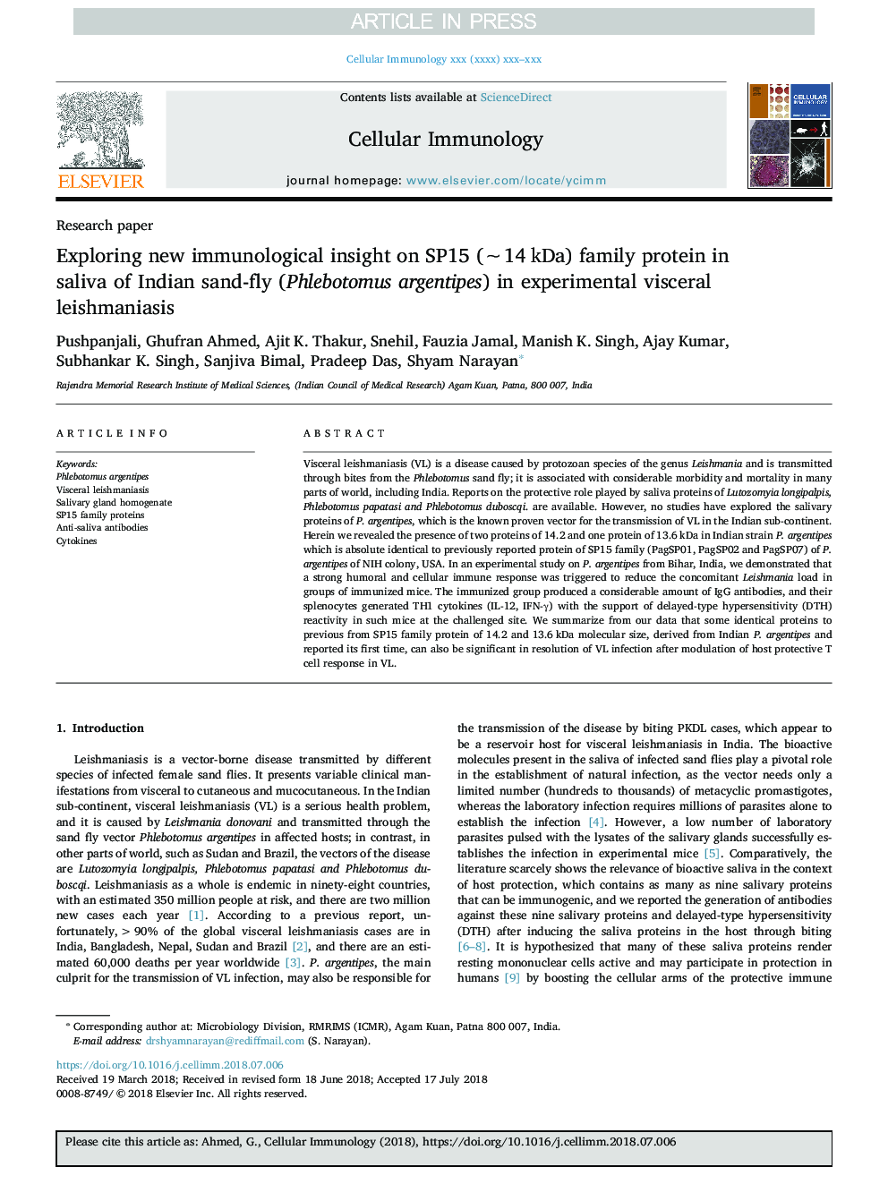 Exploring new immunological insight on SP15 (â¼14â¯kDa) family protein in saliva of Indian sand-fly (Phlebotomus argentipes) in experimental visceral leishmaniasis