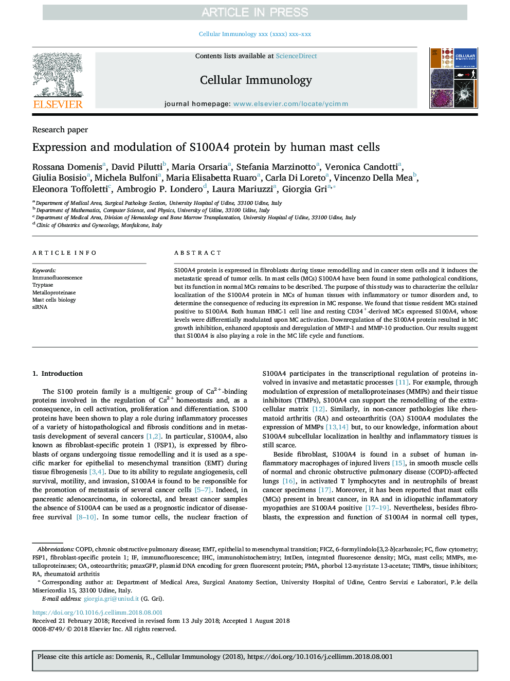 Expression and modulation of S100A4 protein by human mast cells