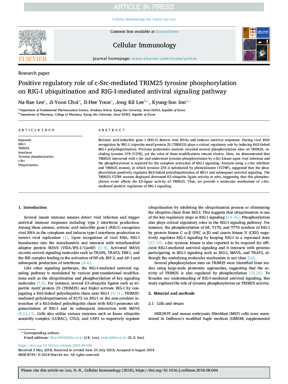 Positive regulatory role of c-Src-mediated TRIM25 tyrosine phosphorylation on RIG-I ubiquitination and RIG-I-mediated antiviral signaling pathway