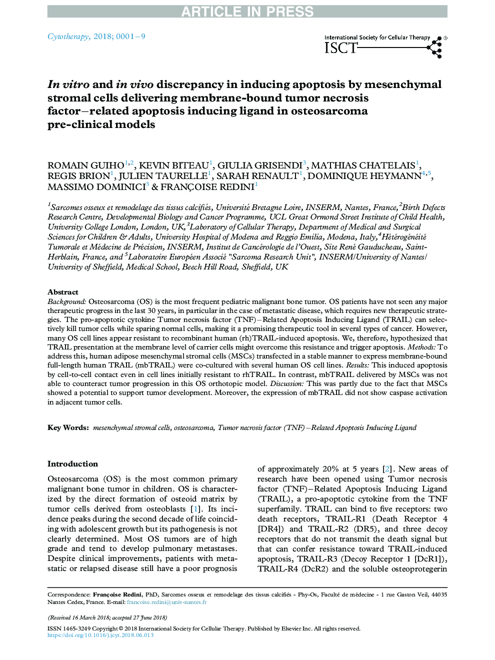 In vitro and in vivo discrepancy in inducing apoptosis by mesenchymal stromal cells delivering membrane-bound tumor necrosis factor-related apoptosis inducing ligand in osteosarcoma pre-clinical models