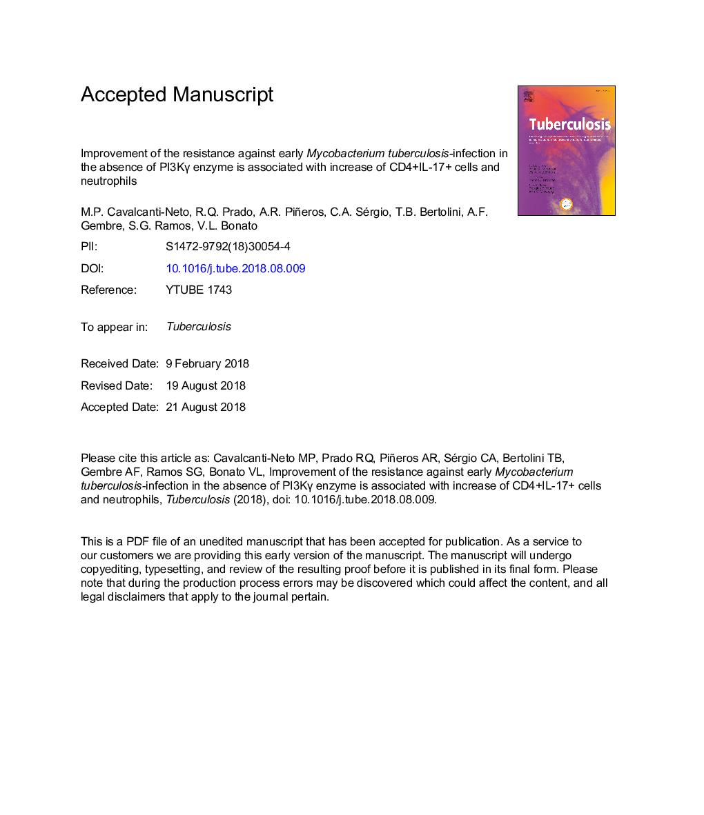 Improvement of the resistance against early Mycobacterium tuberculosis-infection in the absence of PI3KÎ³ enzyme is associated with increase of CD4+IL-17+ cells and neutrophils