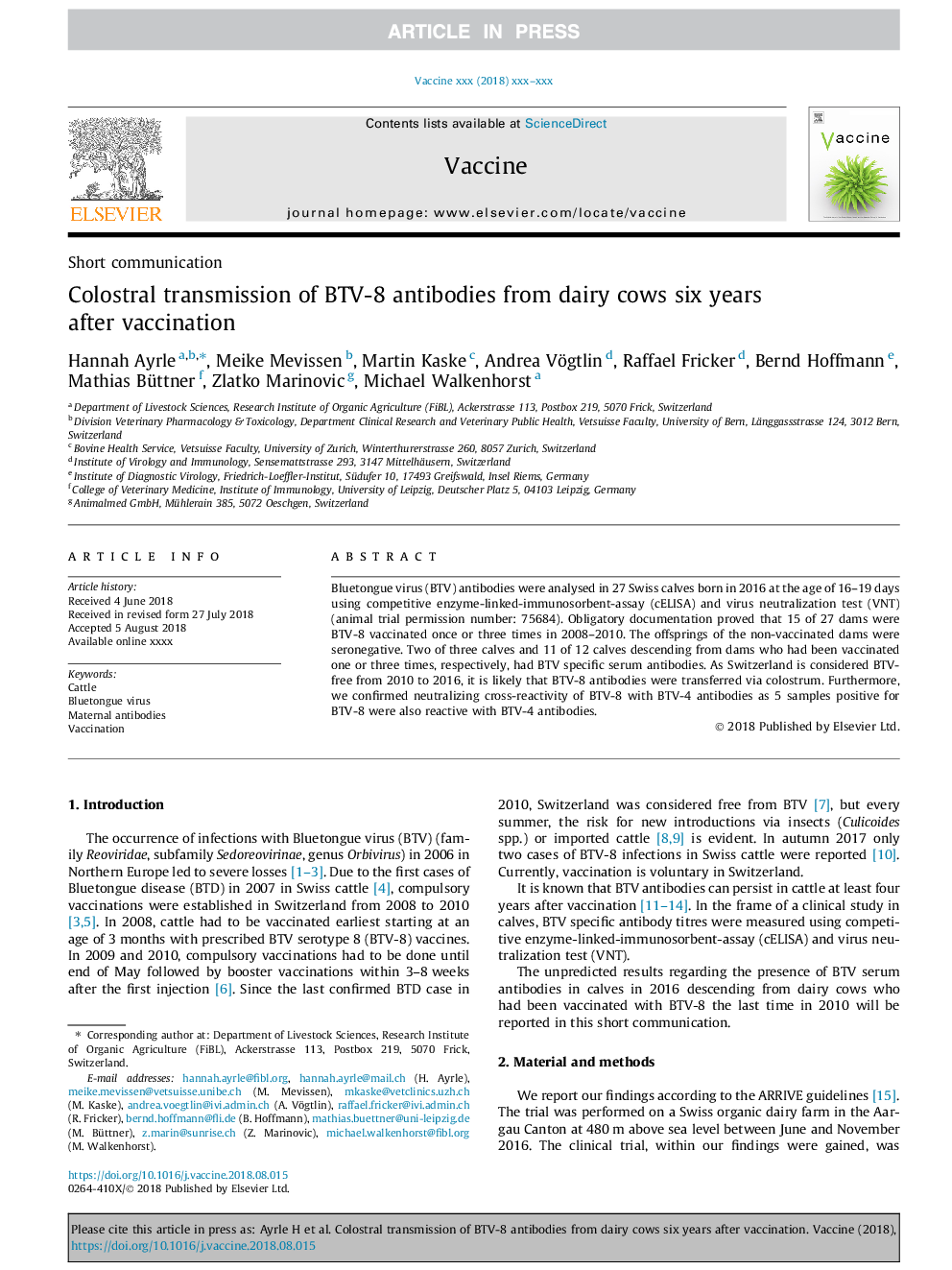 Colostral transmission of BTV-8 antibodies from dairy cows six years after vaccination