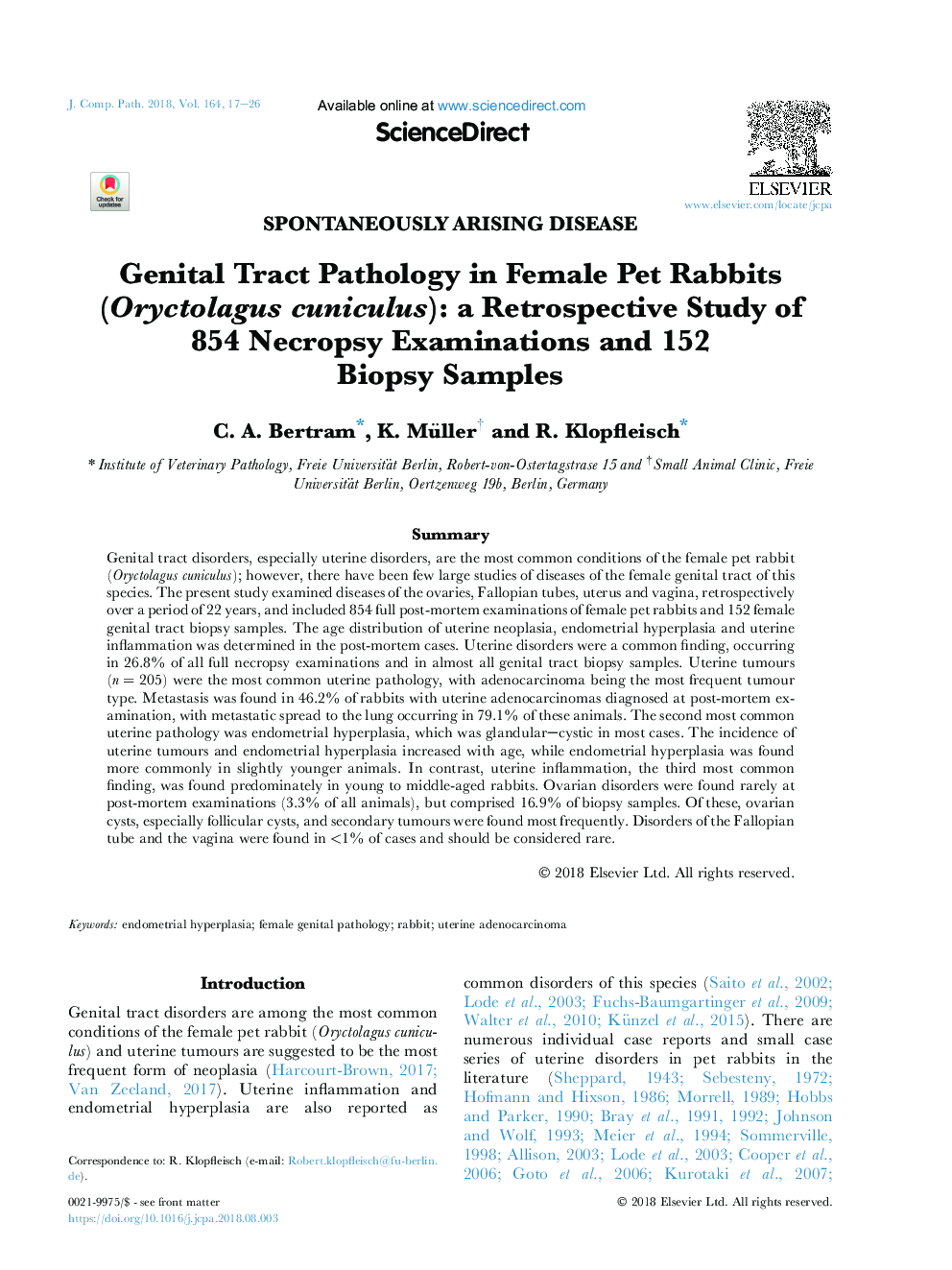 Genital Tract Pathology in Female Pet Rabbits (Oryctolagus cuniculus): a Retrospective Study of 854 Necropsy Examinations and 152 Biopsy Samples