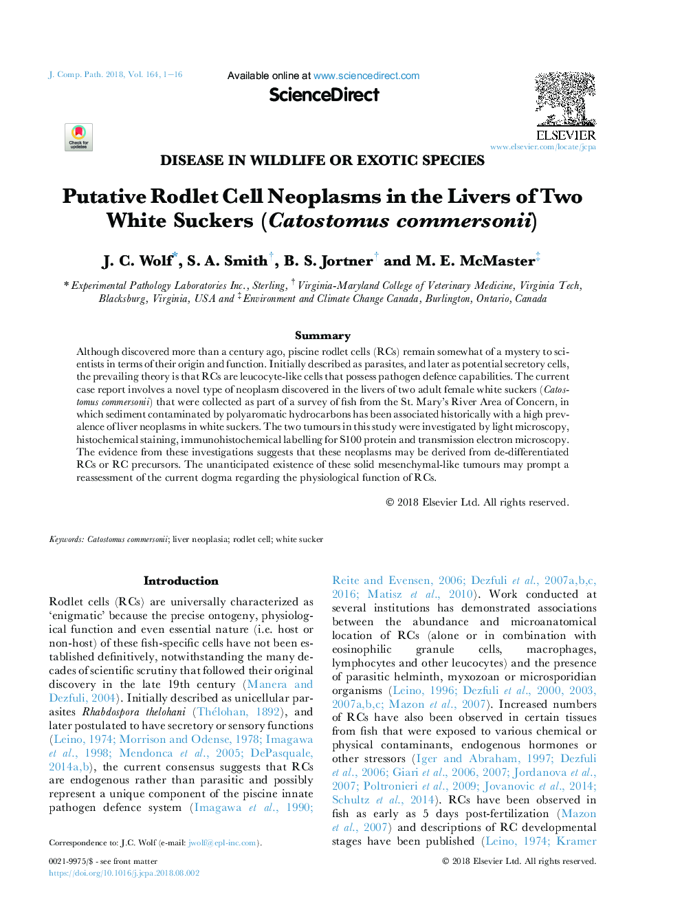 Putative Rodlet Cell Neoplasms in the Livers of Two White Suckers (Catostomus commersonii)