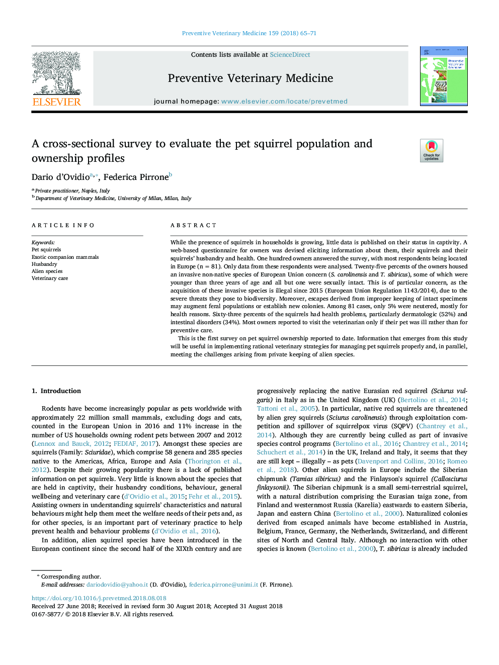 یک بررسی مقطعی برای ارزیابی جمعیت و پروفایل مالکیت سنجاب حیوان خانگی
