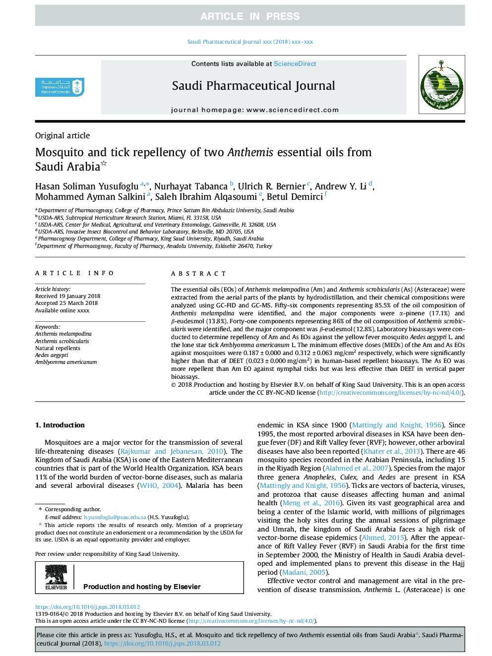 Mosquito and tick repellency of two Anthemis essential oils from Saudi Arabia