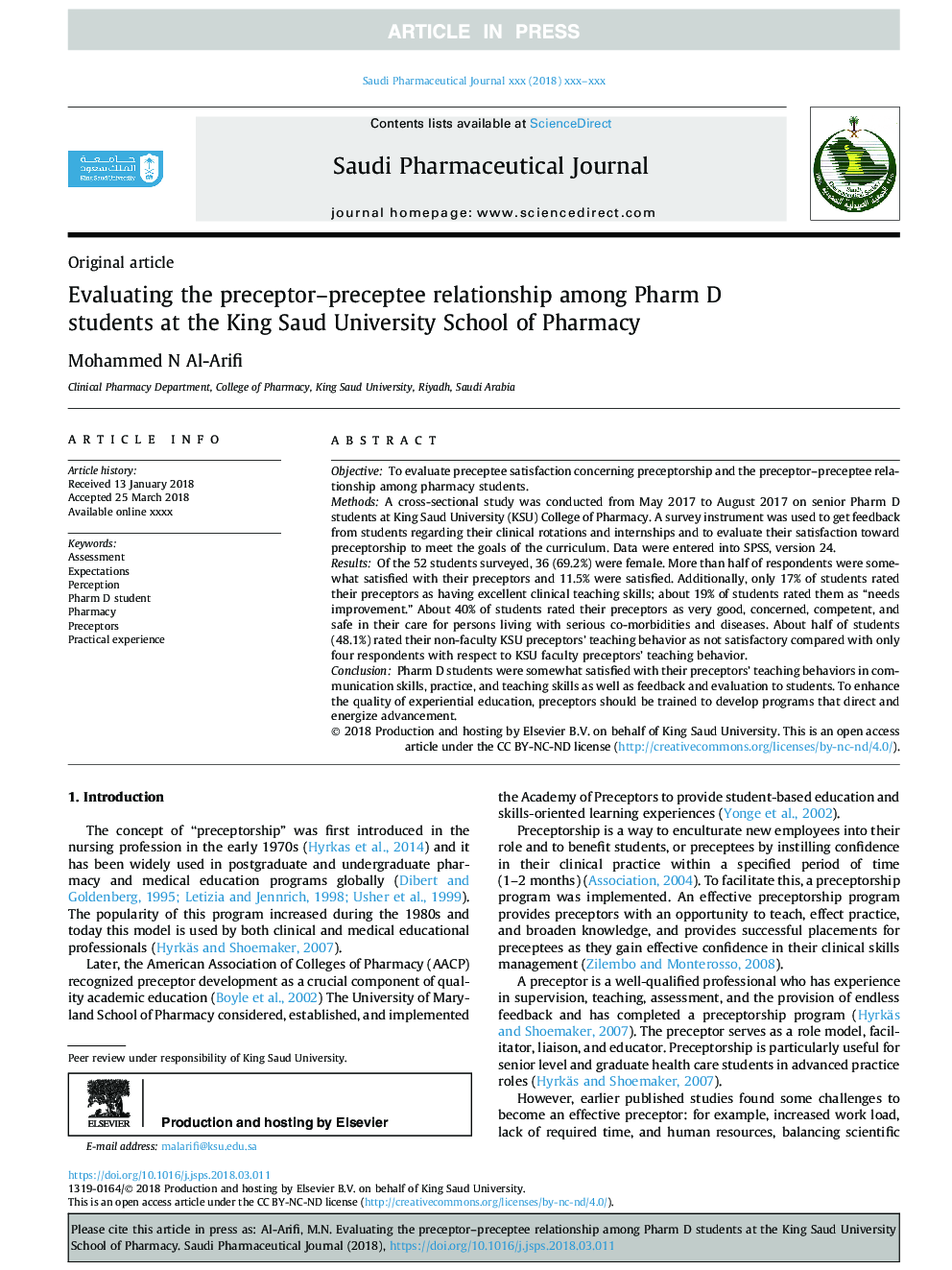 Evaluating the preceptor-preceptee relationship among Pharm D students at the King Saud University School of Pharmacy