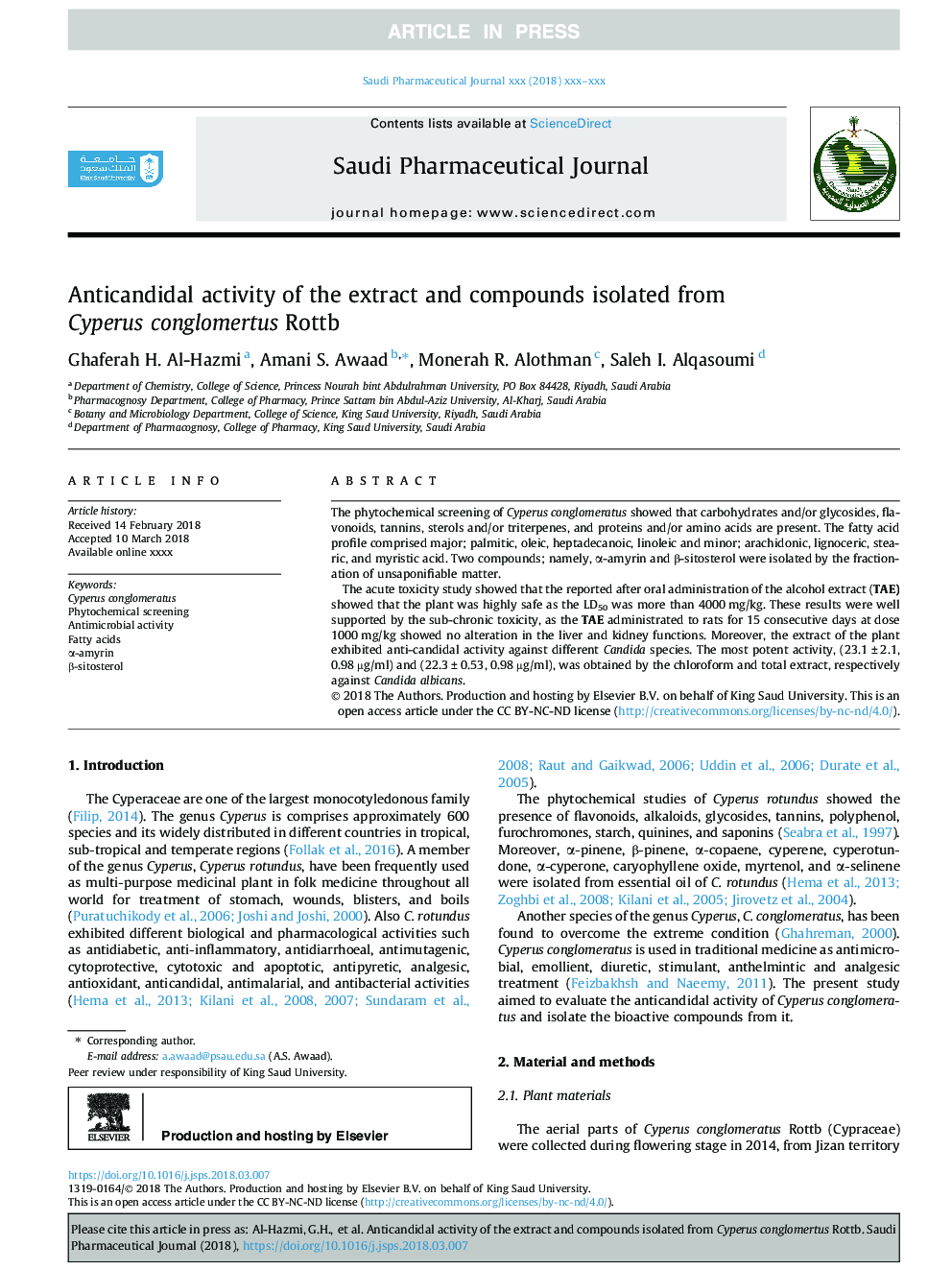 Anticandidal activity of the extract and compounds isolated from Cyperus conglomertus Rottb