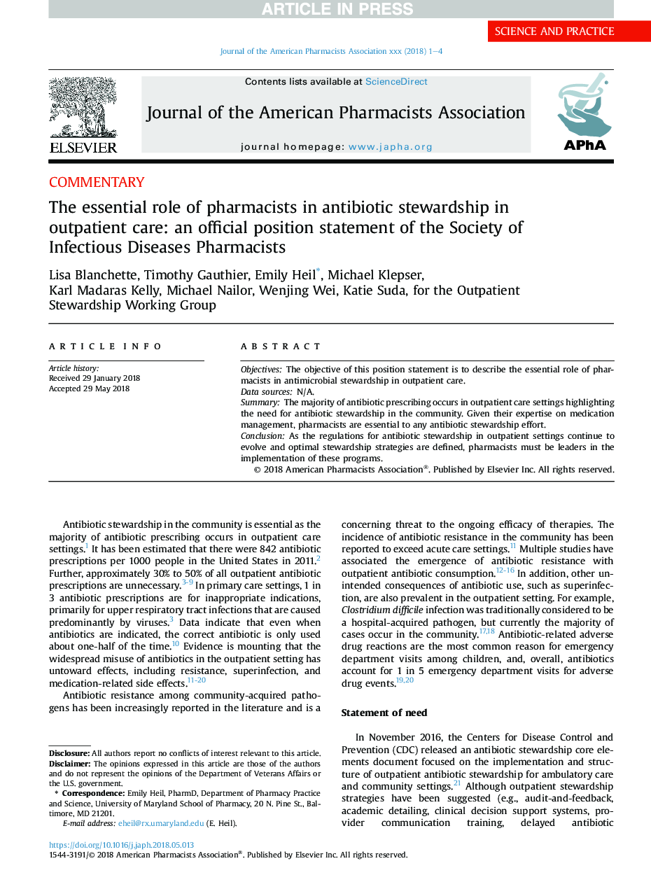 نقش اساسی داروسازان در نگهداری آنتی بیوتیک در مراقبت های سرپایی: یک بیانیه رسمی رسمی انجمن داروسازان بیماری های عفونی