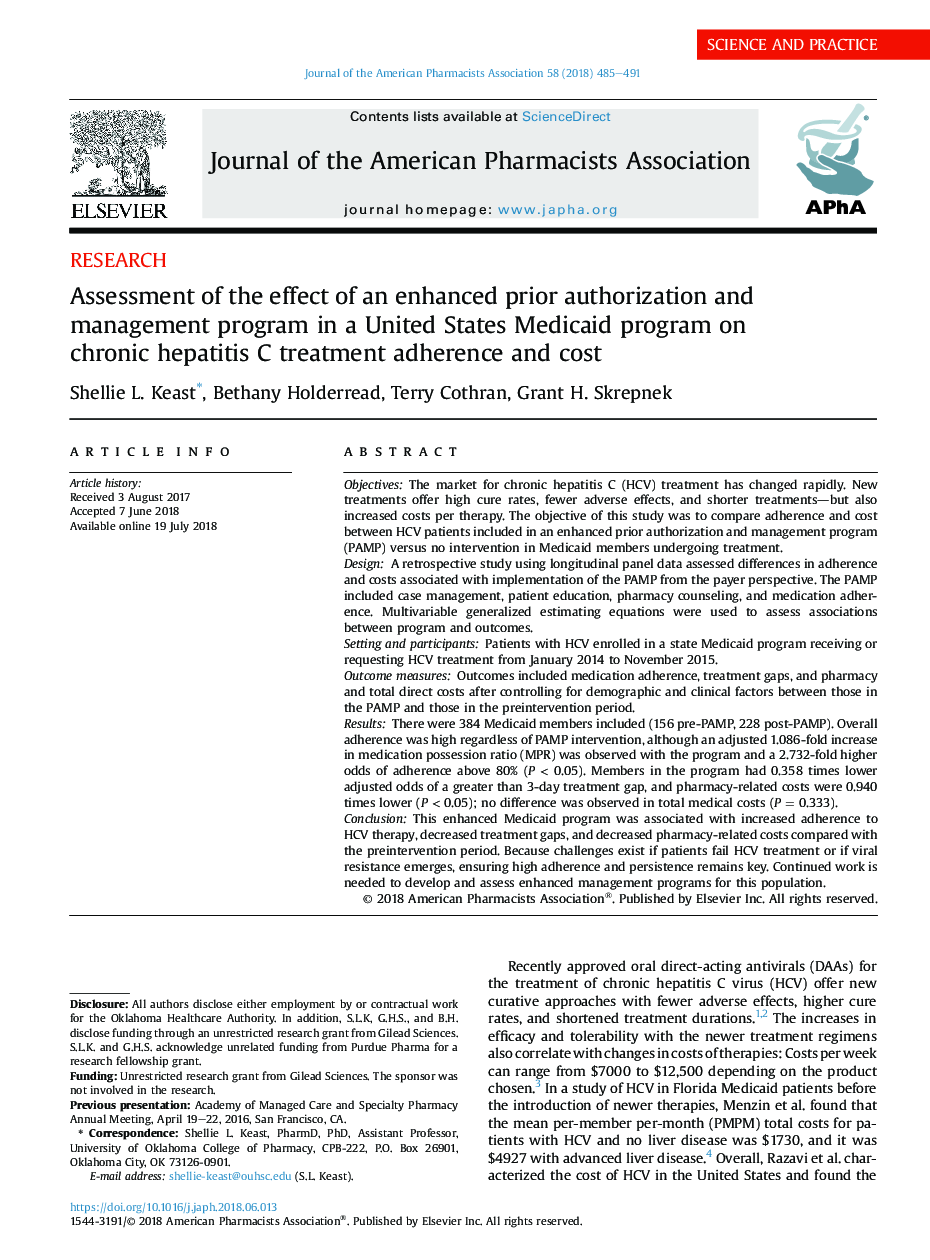 Assessment of the effect of an enhanced prior authorization and management program in a United States Medicaid program on chronic hepatitis C treatment adherence and cost