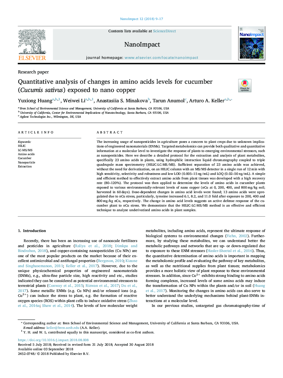 Quantitative analysis of changes in amino acids levels for cucumber (Cucumis sativus) exposed to nano copper