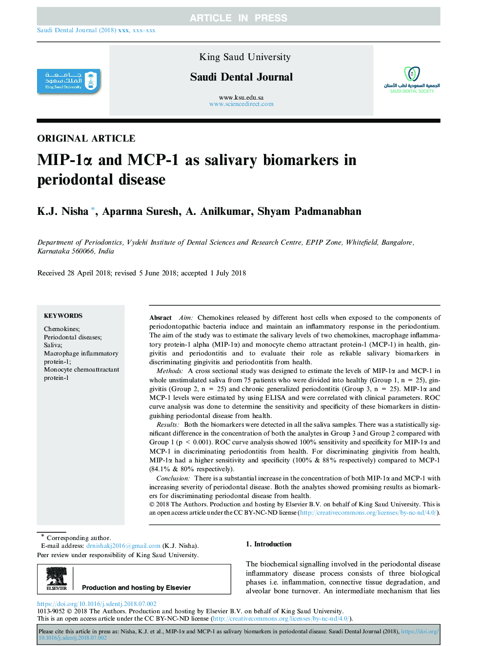 MIP-1Î± and MCP-1 as salivary biomarkers in periodontal disease