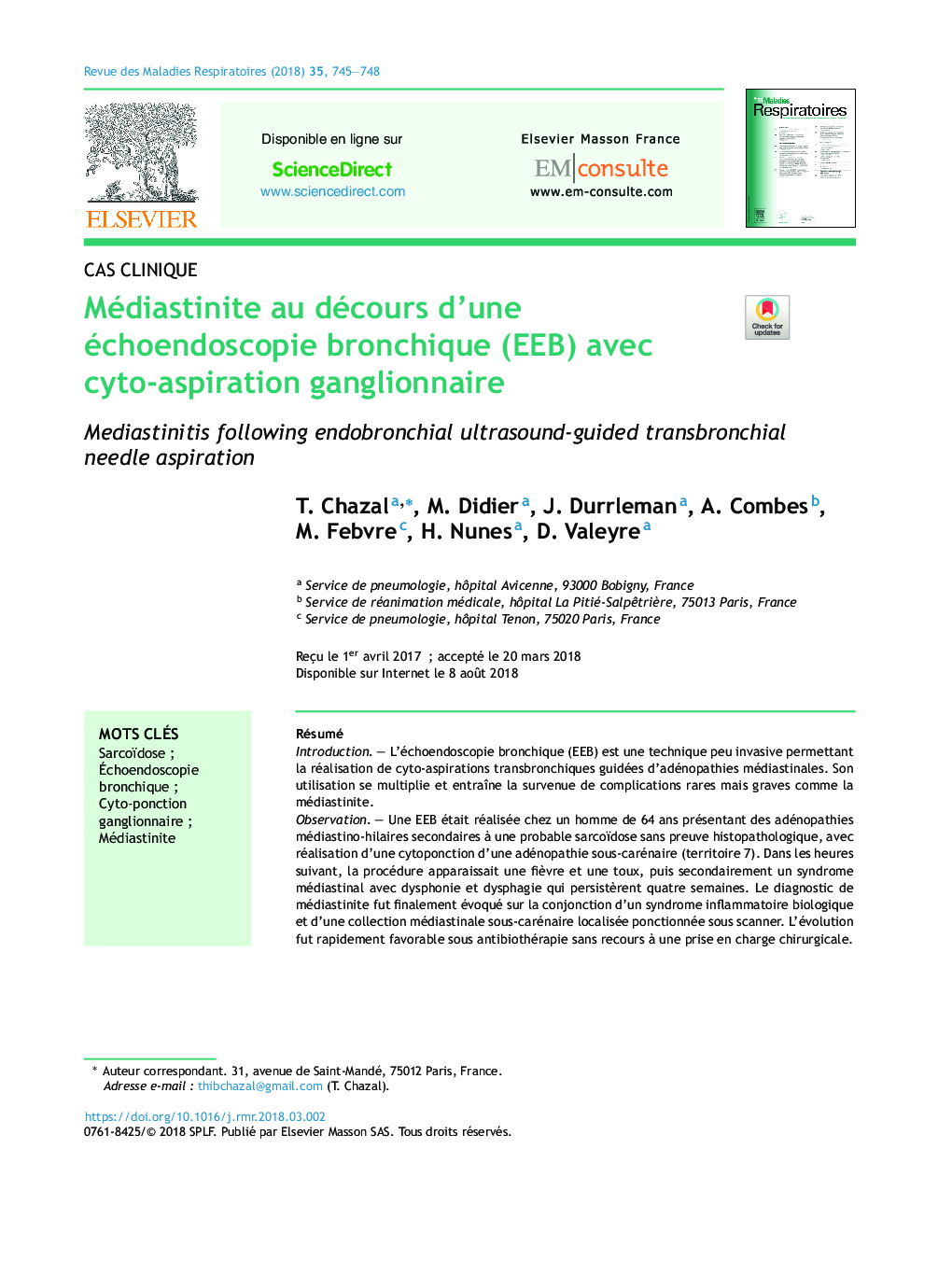 Médiastinite au décours d'une échoendoscopie bronchique (EEB) avec cyto-aspiration ganglionnaire