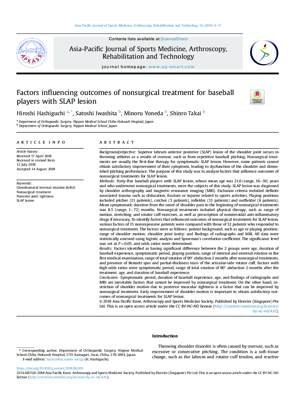 Factors influencing outcomes of nonsurgical treatment for baseball players with SLAP lesion