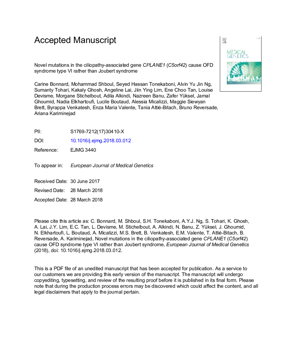 Novel mutations in the ciliopathy-associated gene CPLANE1 (C5orf42) cause OFD syndrome type VI rather than Joubert syndrome