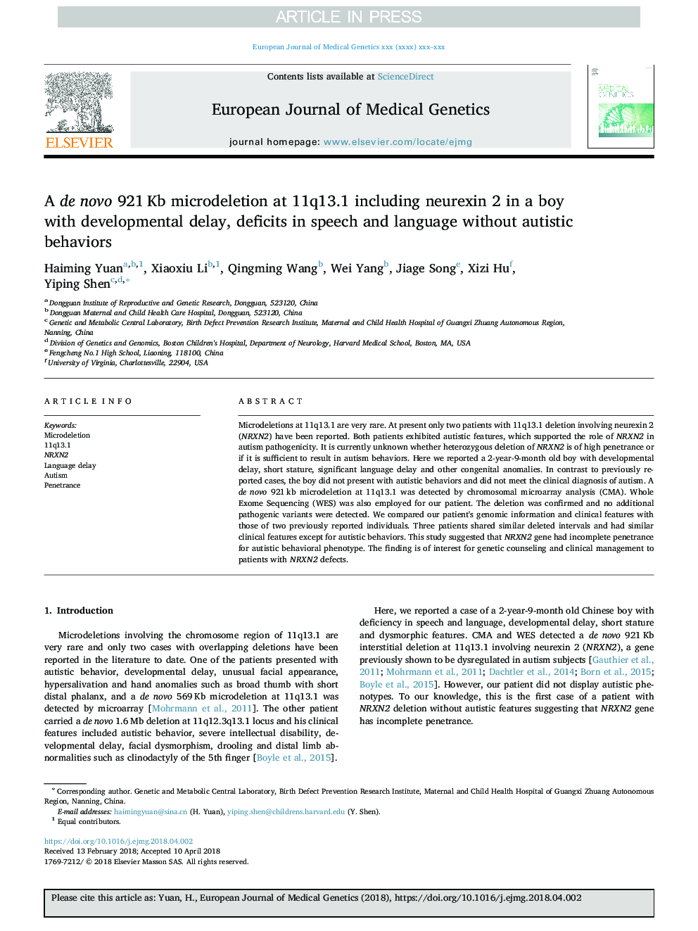 A de novo 921â¯Kb microdeletion at 11q13.1 including neurexin 2 in a boy with developmental delay, deficits in speech and language without autistic behaviors