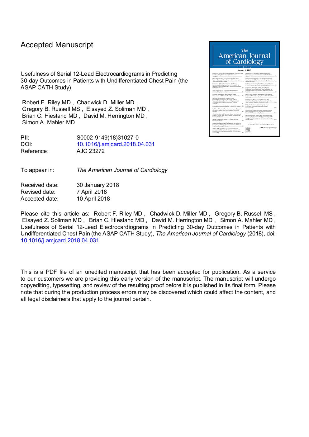 Usefulness of Serial 12-Lead Electrocardiograms in Predicting 30-Day Outcomes in Patients With Undifferentiated Chest Pain (the ASAP CATH Study)
